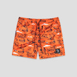 Bright orange shorts with an all-over black and white sketch-style print of dogs, clouds, and outdoor motifs, shown flat against a light gray background.