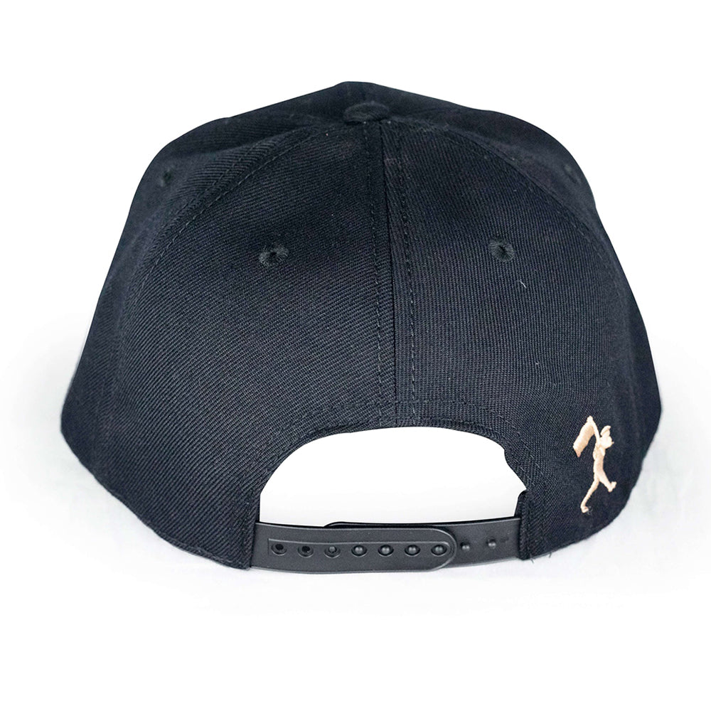 A black baseball cap shown from the back, featuring a small embroidered gold running figure logo on the side and a black adjustable snapback strap.