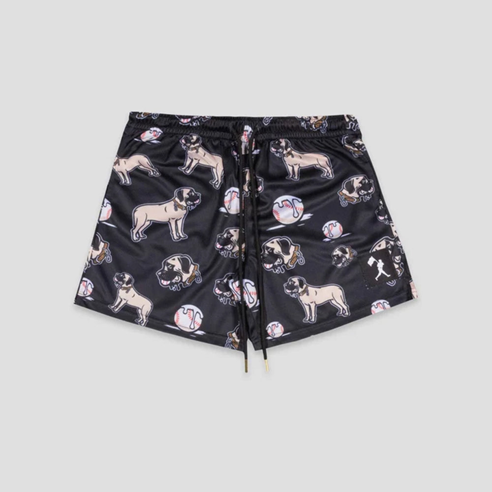 Black shorts featuring an all-over print of pug dogs and baseballs, with a black drawstring waist, shown flat on a light gray background.