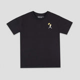 A black short-sleeve crewneck t-shirt with a small embroidered graphic on the left chest depicting a white figure carrying a yellow flag. The shirt is displayed flat against a light gray background.