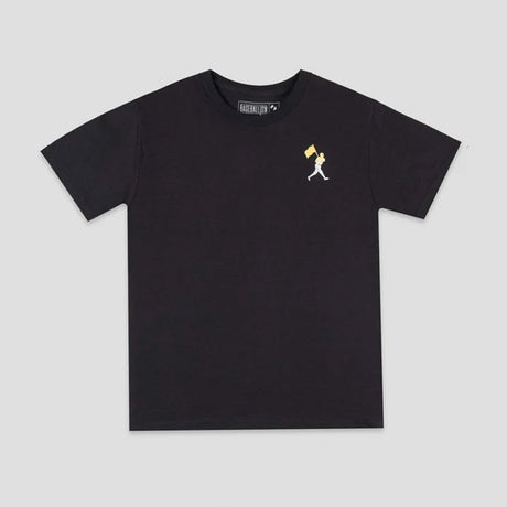 A black short-sleeve crewneck t-shirt with a small embroidered graphic on the left chest depicting a white figure carrying a yellow flag. The shirt is displayed flat against a light gray background.