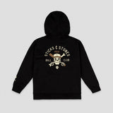 A black pullover hoodie shown from the back, featuring a large graphic print of a skull wearing a baseball cap with crossed bats and the text 'STICKS & STONES BALL CLUB' in beige and white.