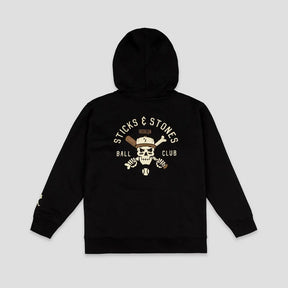 A black pullover hoodie shown from the back, featuring a large graphic print of a skull wearing a baseball cap with crossed bats and the text 'STICKS & STONES BALL CLUB' in beige and white.