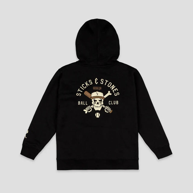 A black pullover hoodie shown from the back, featuring a large graphic print of a skull wearing a baseball cap with crossed bats and the text 'STICKS & STONES BALL CLUB' in beige and white.