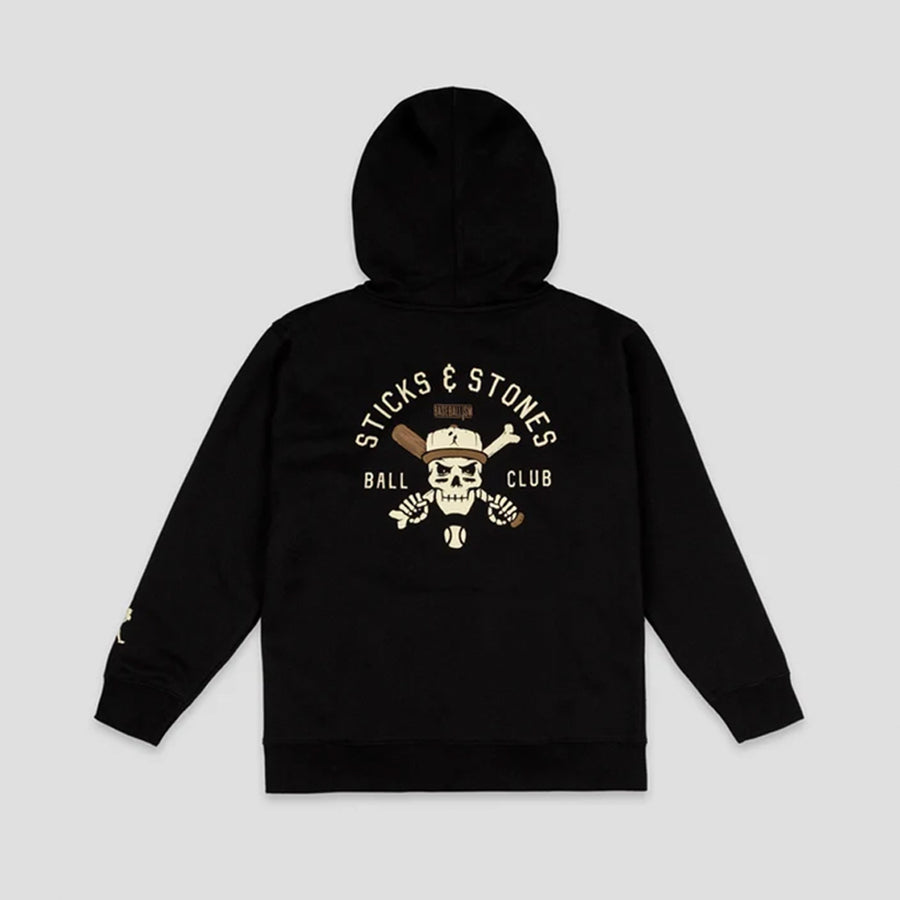 A black pullover hoodie shown from the back, featuring a large graphic print of a skull wearing a baseball cap with crossed bats and the text 'STICKS & STONES BALL CLUB' in beige and white.