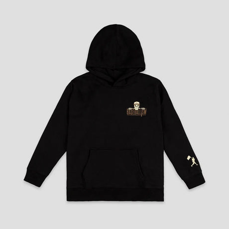A black pullover hoodie with a small graphic on the left chest and a small gold graphic on the right sleeve, displayed against a solid light gray background.