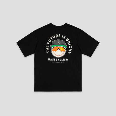A black short-sleeve t-shirt with a baseball-themed graphic on the chest, displayed flat against a light gray background. The graphic features a baseball cap with a bright orange and green design, surrounded by the text 'THE FUTURE IS BRIGHT' and 'BASEBALLISM'.