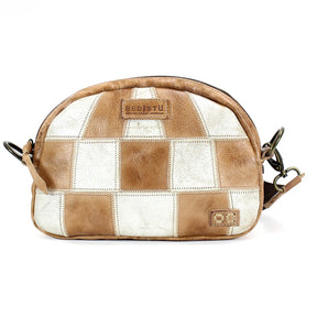 A tan and white checkered Bed Stu crossbody handbag made of leather, displayed against a plain background.
