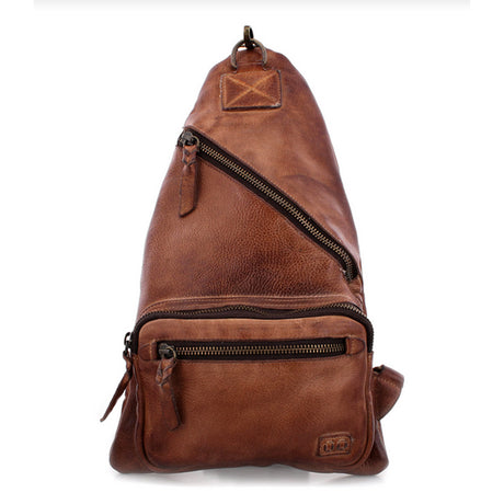 A brown, leather Bed Stu Andie crossbody handbag with multiple zippered compartments and a rustic design.