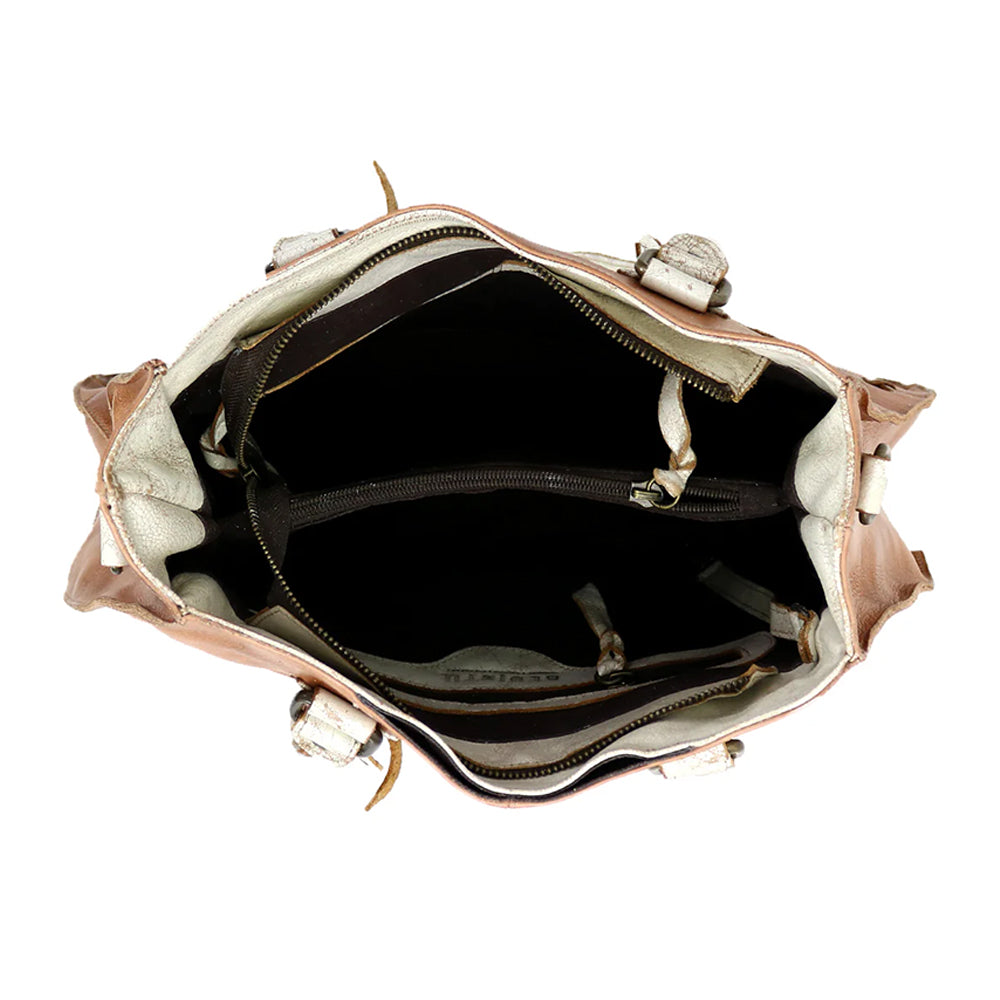 Open leather handbag with visible interior on a white background