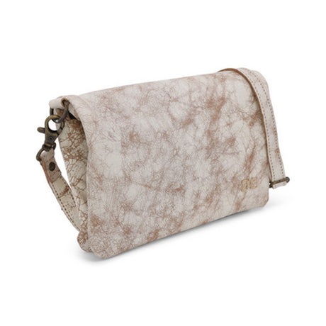 A beige and brown colored Bed Stu Cadence clutch handbag with a solid pattern and a shoulder strap.