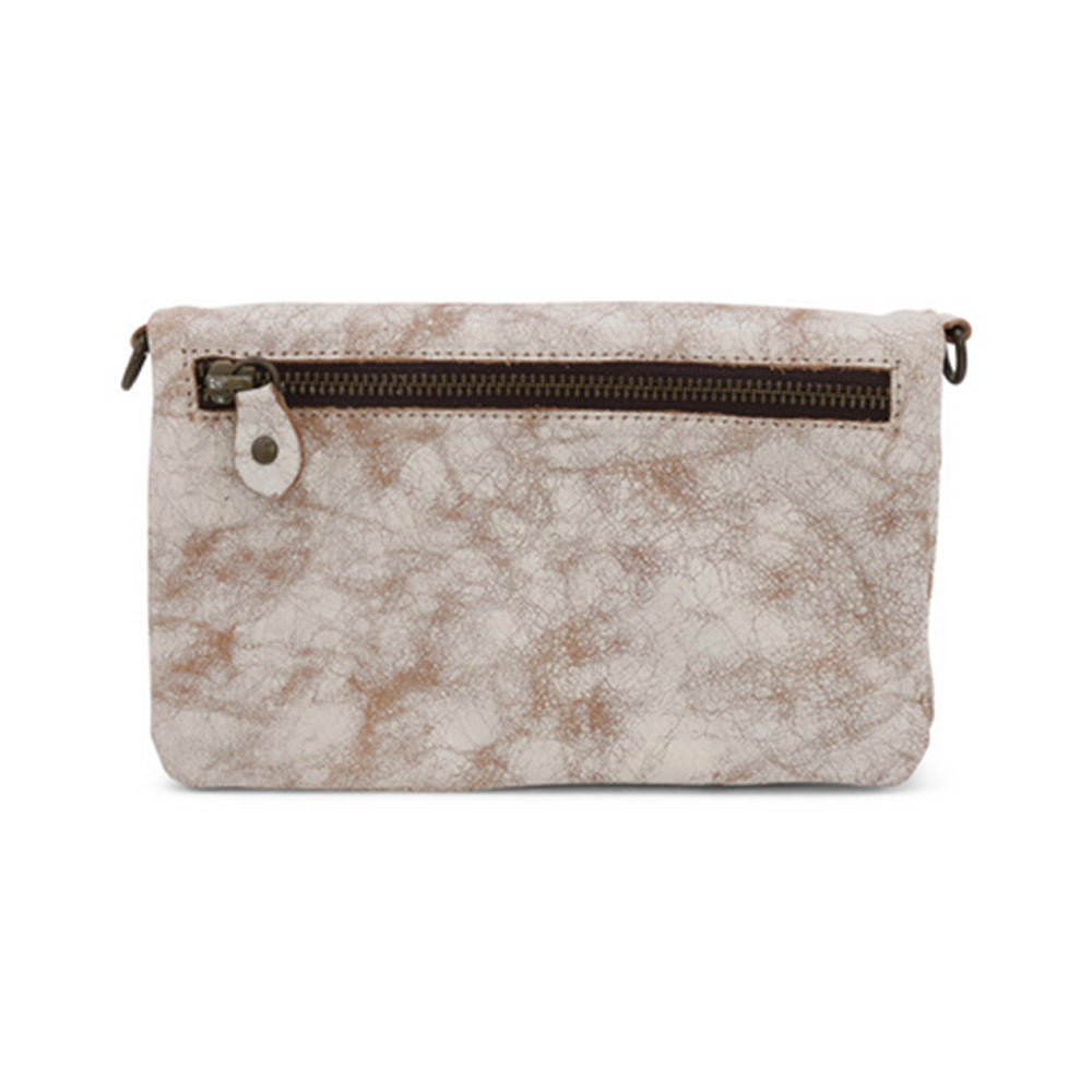 A beige and brown colored Bed Stu Cadence clutch handbag with a solid pattern and a shoulder strap.