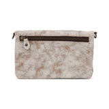 A beige and brown colored Bed Stu Cadence clutch handbag with a solid pattern and a shoulder strap.