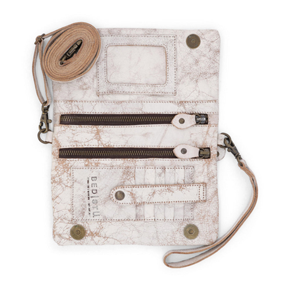 A beige and brown colored Bed Stu Cadence clutch handbag with a solid pattern and a shoulder strap.