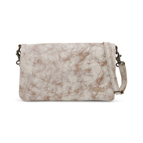 A beige and brown colored Bed Stu Cadence clutch handbag with a solid pattern and a shoulder strap.