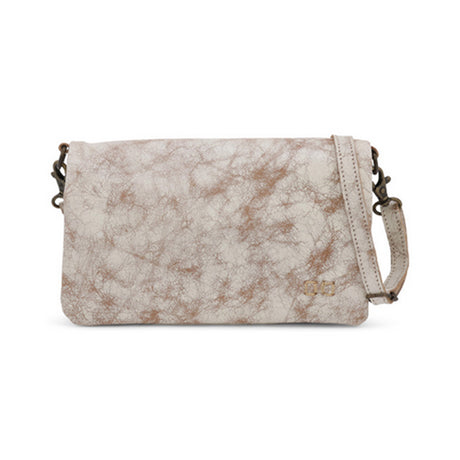 A beige and brown colored Bed Stu Cadence clutch handbag with a solid pattern and a shoulder strap.