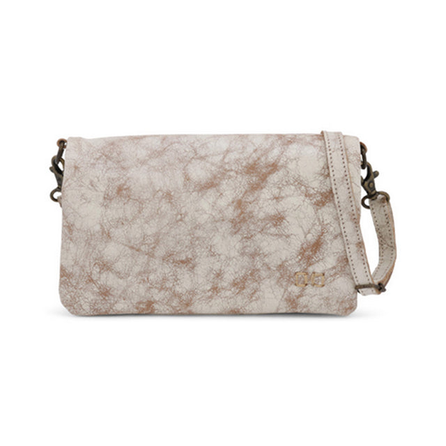 A beige and brown colored Bed Stu Cadence clutch handbag with a solid pattern and a shoulder strap.