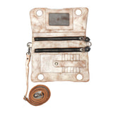 Beige leather crossbody bag with multiple zippers on a white background