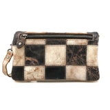 Patchwork-style wallet with a checkered pattern on a white background