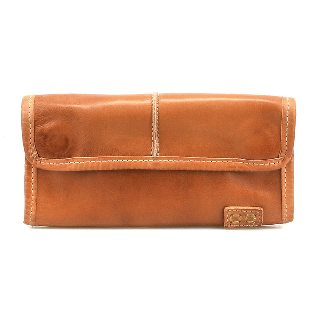 Brown leather wallet with a visible brand logo on a white background