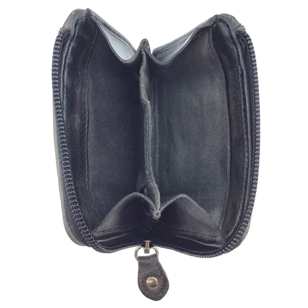 Black leather wallet with a zipper on a white background