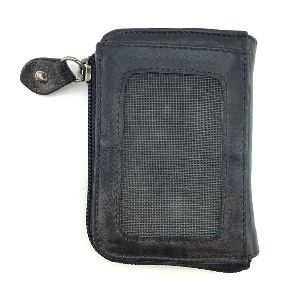 Black leather wallet with a zipper on a white background