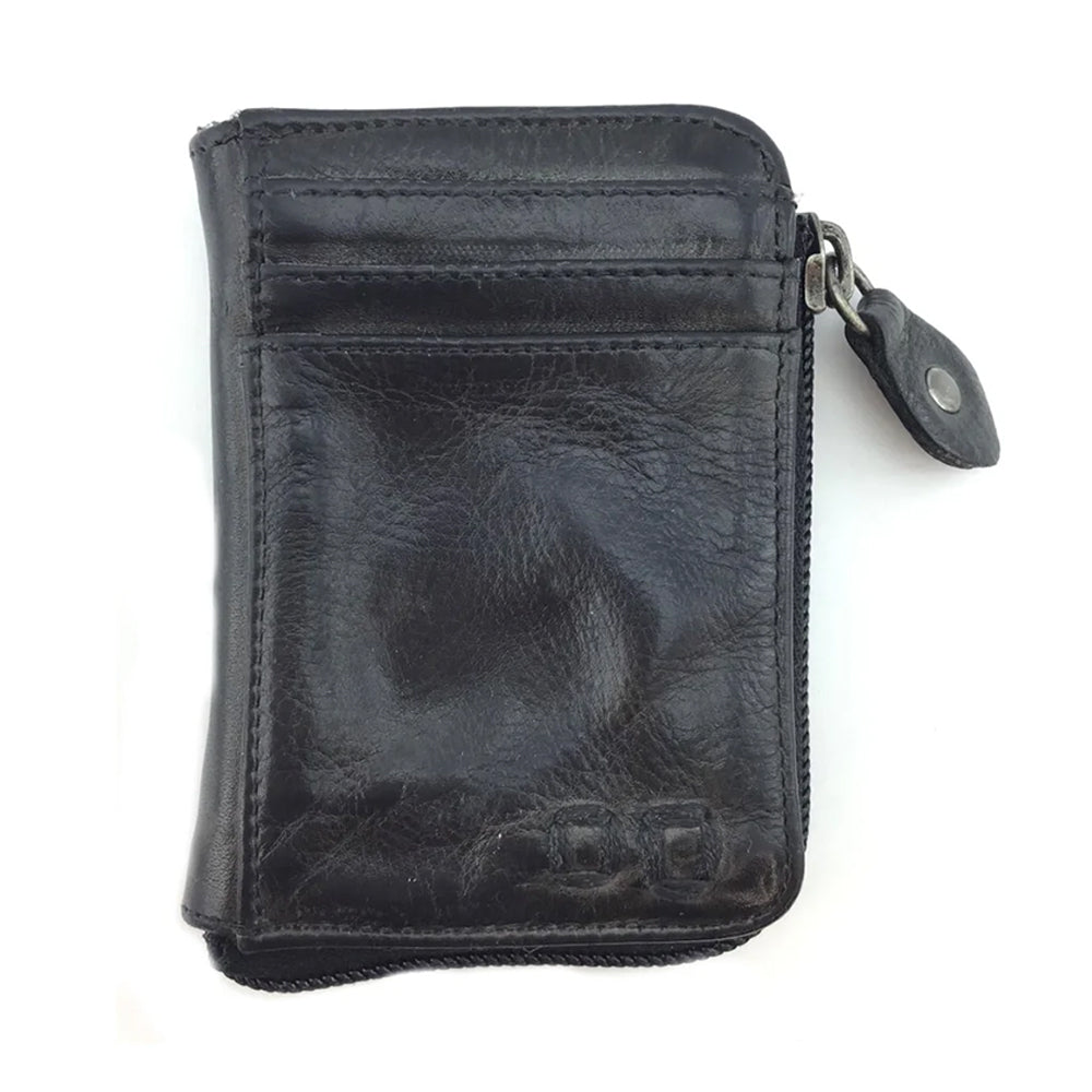 Black leather wallet with zipper on a white background