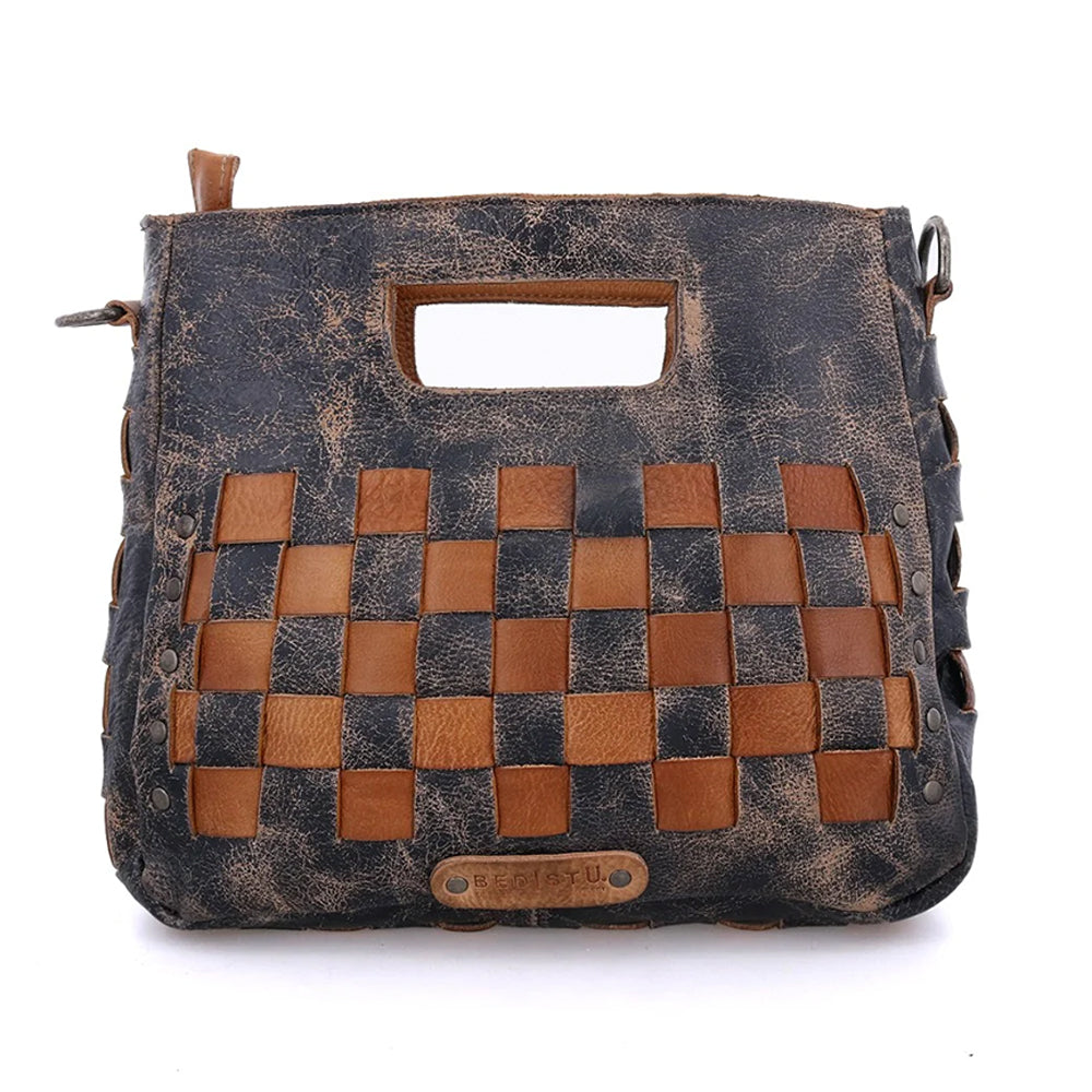 Handbag with woven pattern on a white background