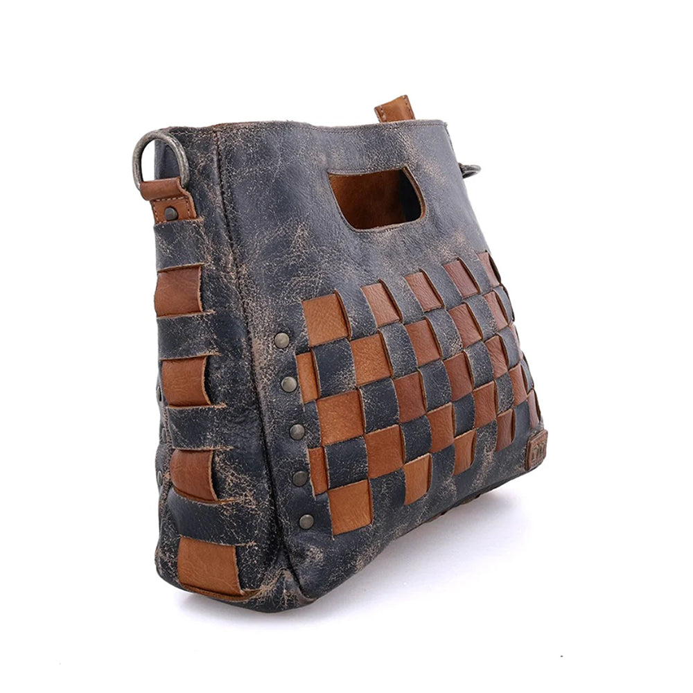 Woven leather handbag with blue and brown pattern on a white background