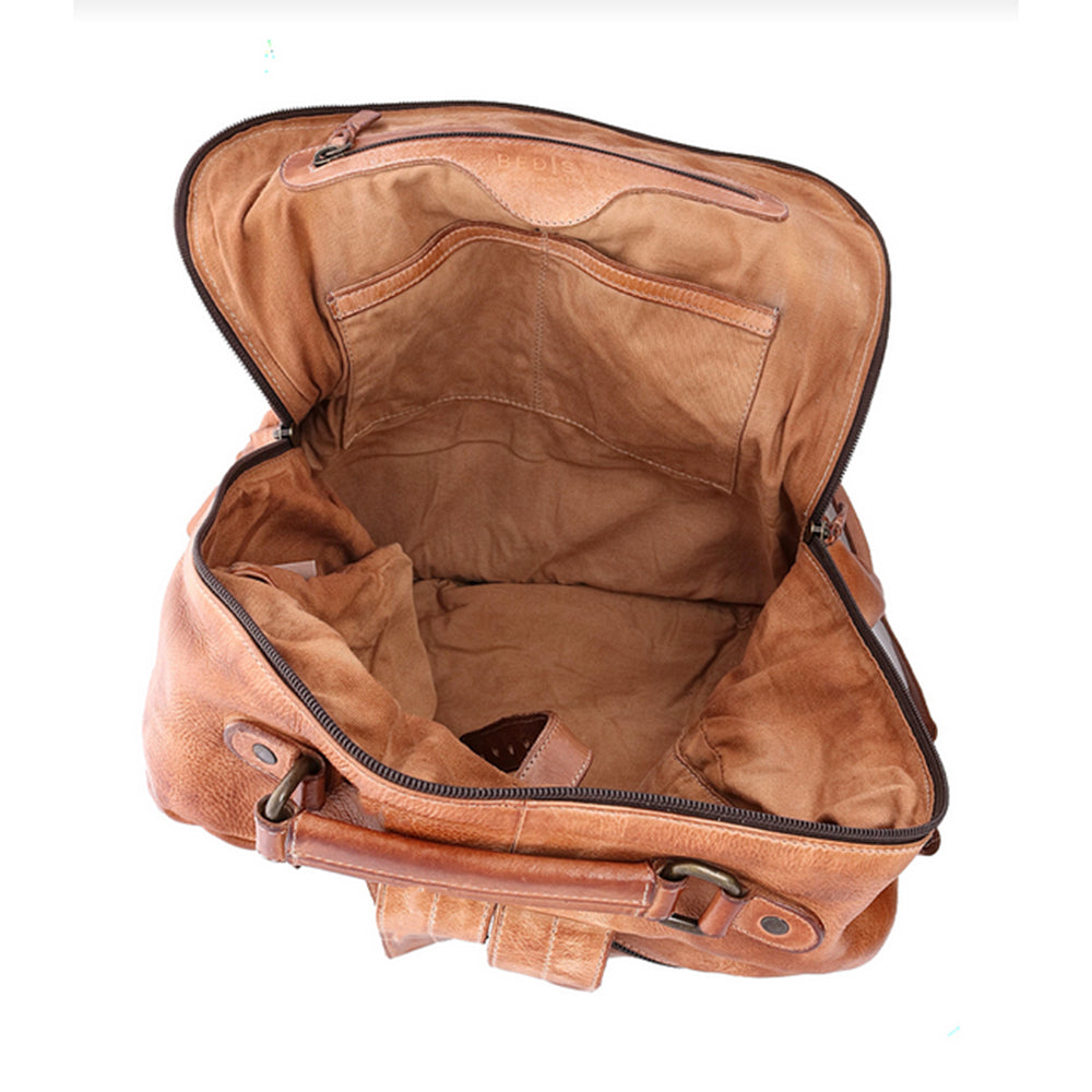 Brown leather suitcase open on a white background