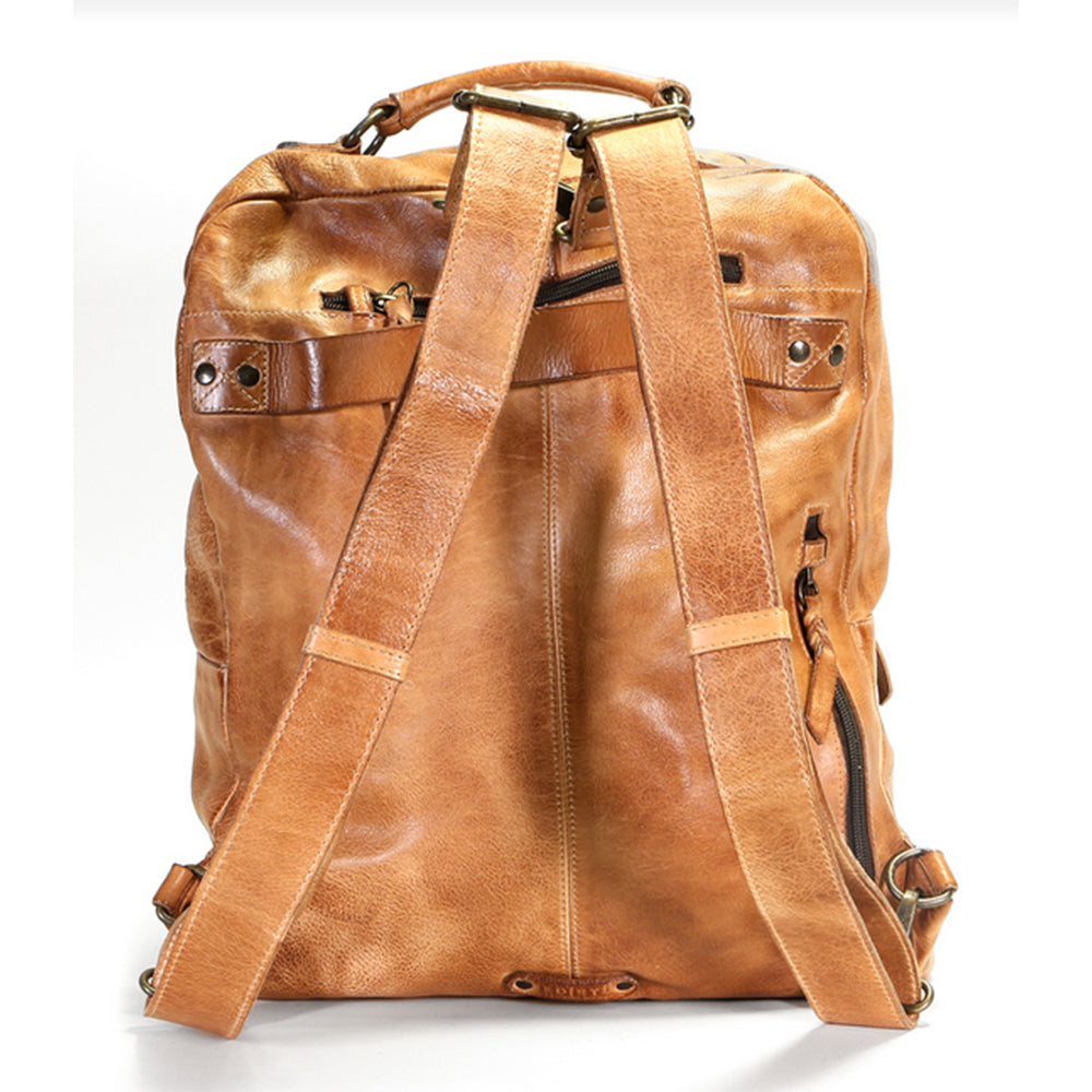 Brown leather backpack on a white background