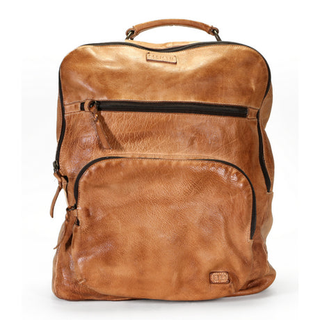 A tan leather backpack with multiple compartments and a front zipper pocket.