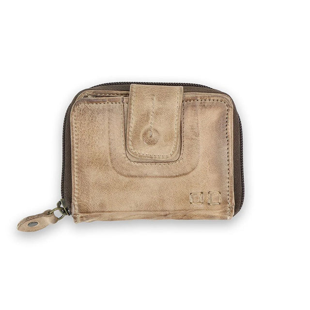 Beige leather wallet with a zipper on a white background