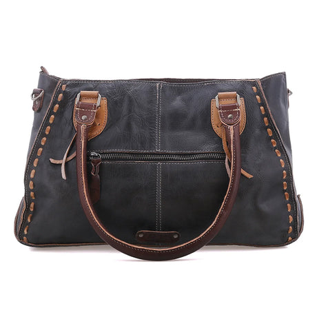 A black leather shoulder bag with dark brown leather handles, trim, and zipper details, featuring decorative stitching along the edges, shown against a plain white background.