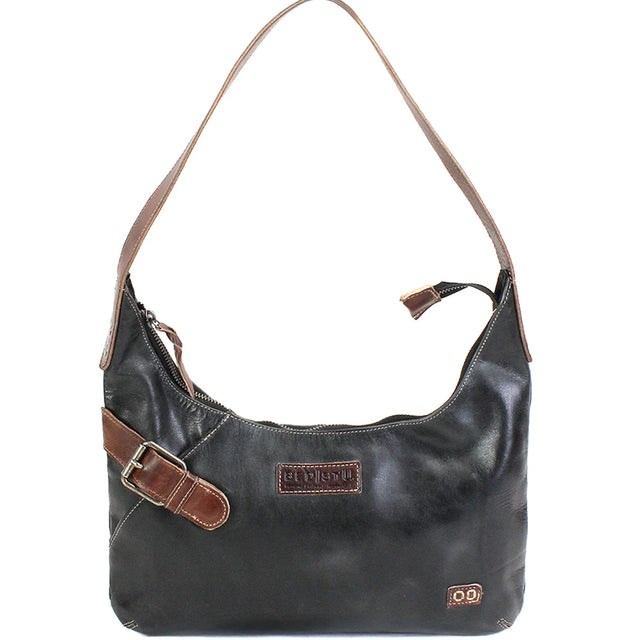 A black leather hobo shoulder bag with brown leather trim, a side buckle strap, and a zippered top opening, shown against a plain white background.