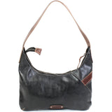 A black leather hobo shoulder bag with brown leather accents and a matching brown shoulder strap, shown against a plain white background.