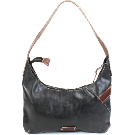 A black leather hobo shoulder bag with brown leather accents and a matching brown shoulder strap, shown against a plain white background.