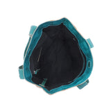 An overhead view of a teal green canvas tote bag showing its black interior lining and side straps, isolated on a white background.