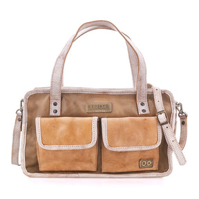 A structured leather handbag in tan and brown with light beige handles, straps, and trim, featuring two front flap pockets and a small metal brand plaque on the front.