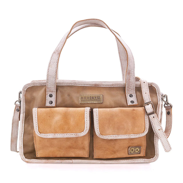 A structured leather handbag in tan and brown with light beige handles, straps, and trim, featuring two front flap pockets and a small metal brand plaque on the front.