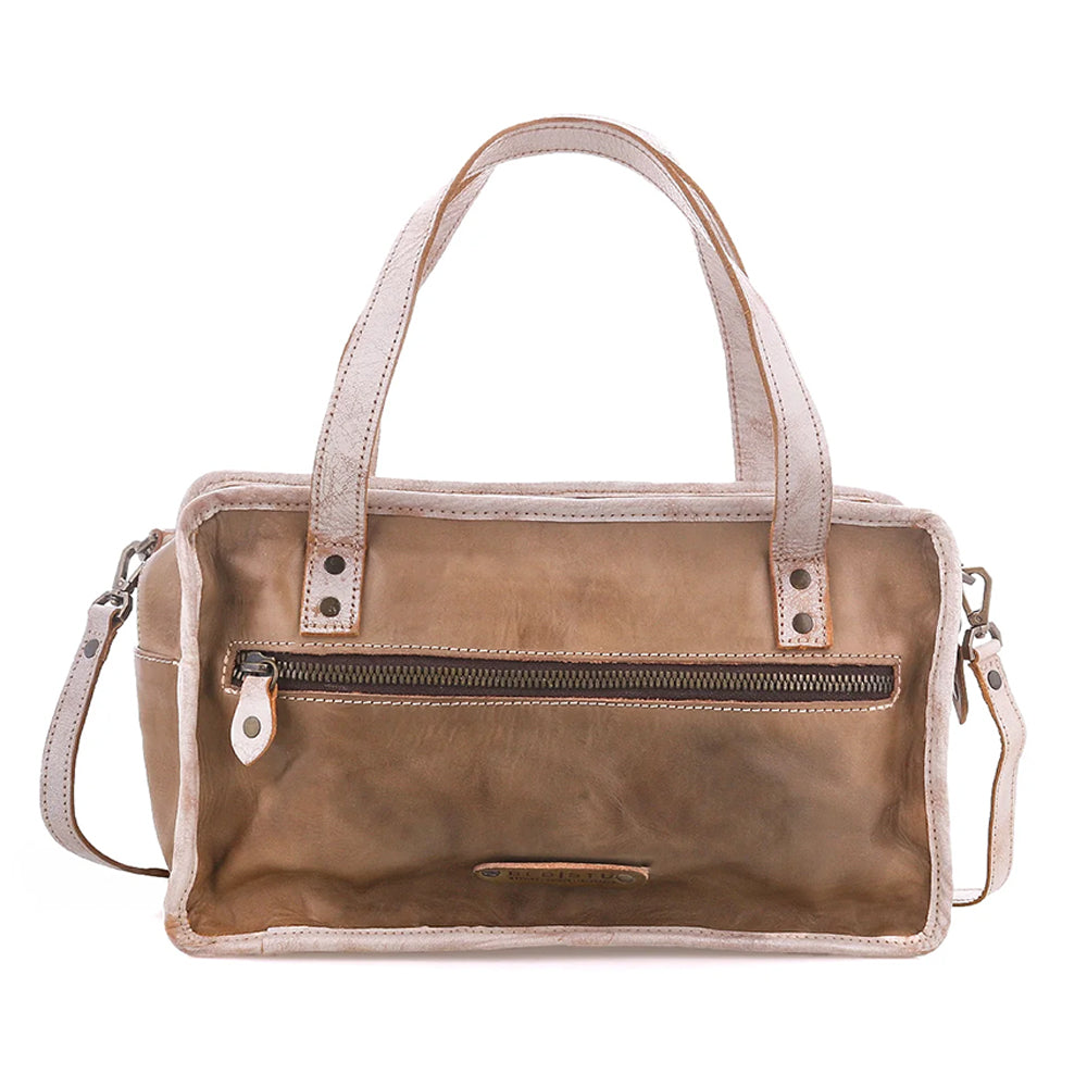 A distressed leather handbag in a warm taupe-brown color, featuring light beige handles and trim, a front zippered pocket, and a shoulder strap, shown against a plain white background.