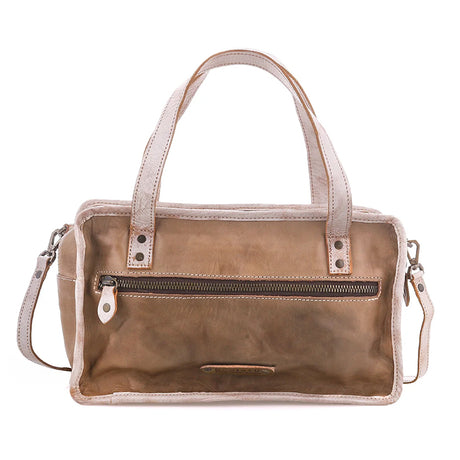 A distressed leather handbag in a warm taupe-brown color, featuring light beige handles and trim, a front zippered pocket, and a shoulder strap, shown against a plain white background.