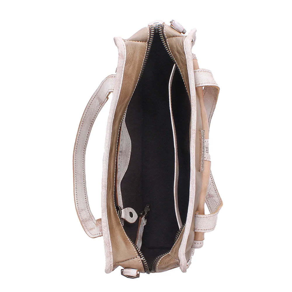 An open beige leather shoulder bag with a black interior lining, shown from a top-down view on a white background.
