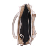 An open beige leather shoulder bag with a black interior lining, shown from a top-down view on a white background.