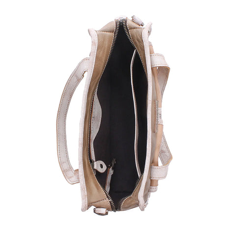 An open beige leather shoulder bag with a black interior lining, shown from a top-down view on a white background.