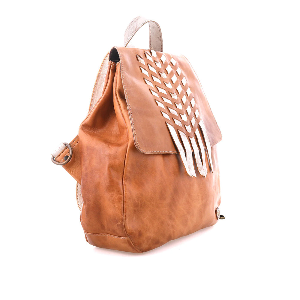 Brown leather backpack with cut-out design on a white background