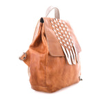 Brown leather backpack with cut-out design on a white background