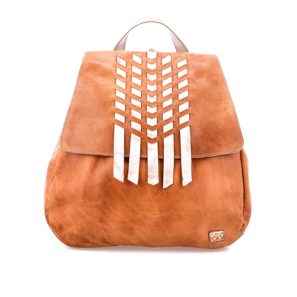 Brown backpack with cut-out design on a white background
