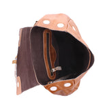 Brown leather bag with beige accents on a white background