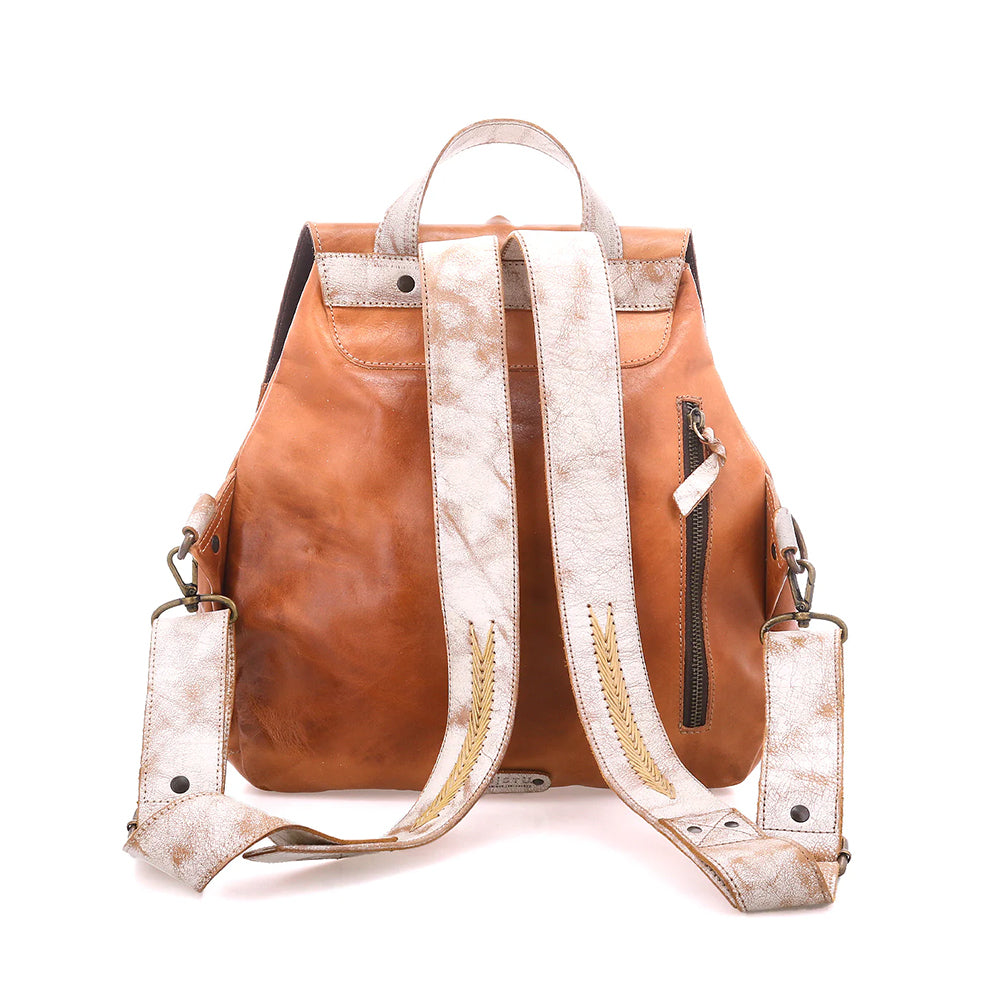 Brown leather backpack with white accents on a white background